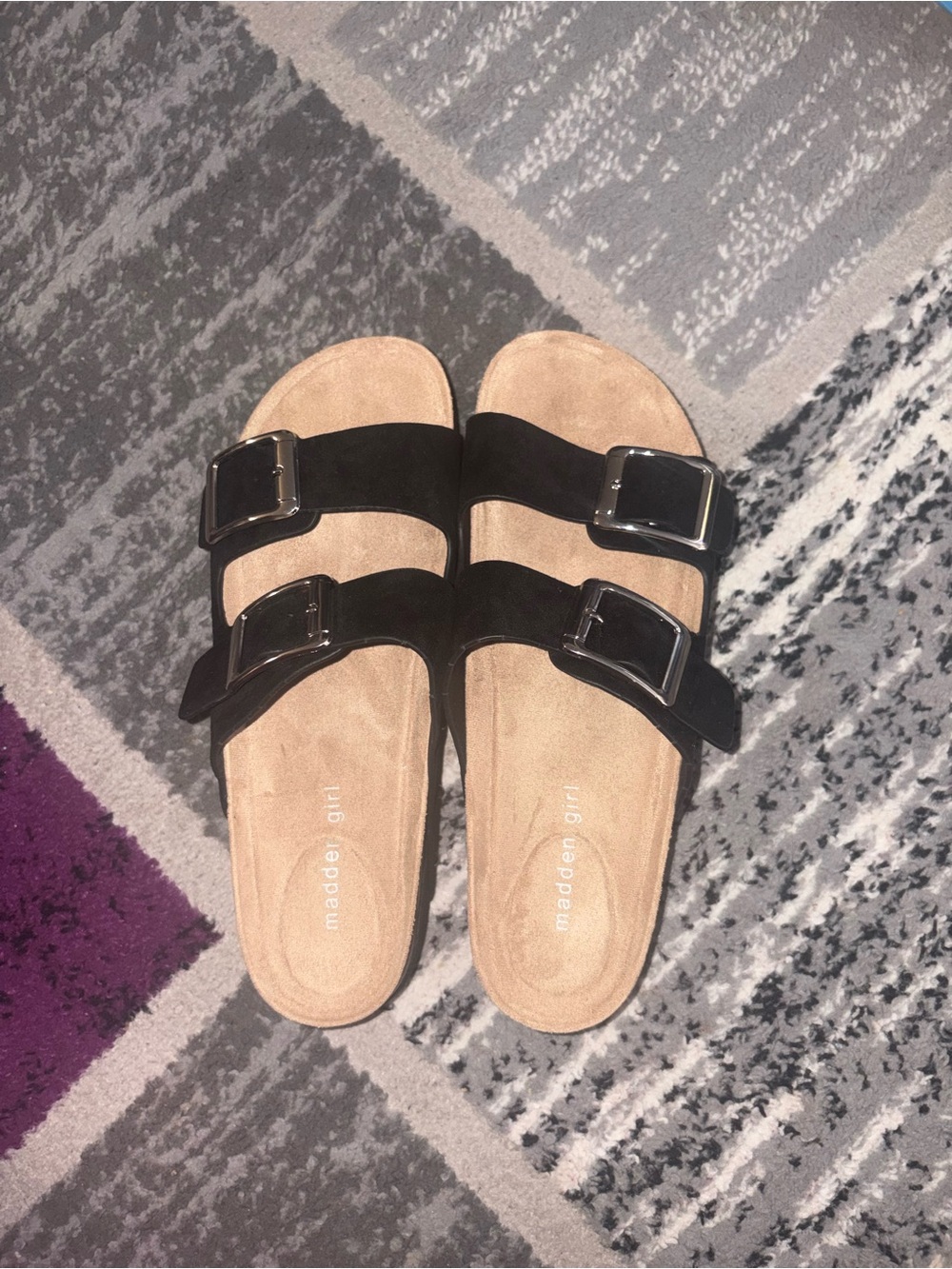 Madden Girl BABES Black Double Buckle Suede Slide Sandals